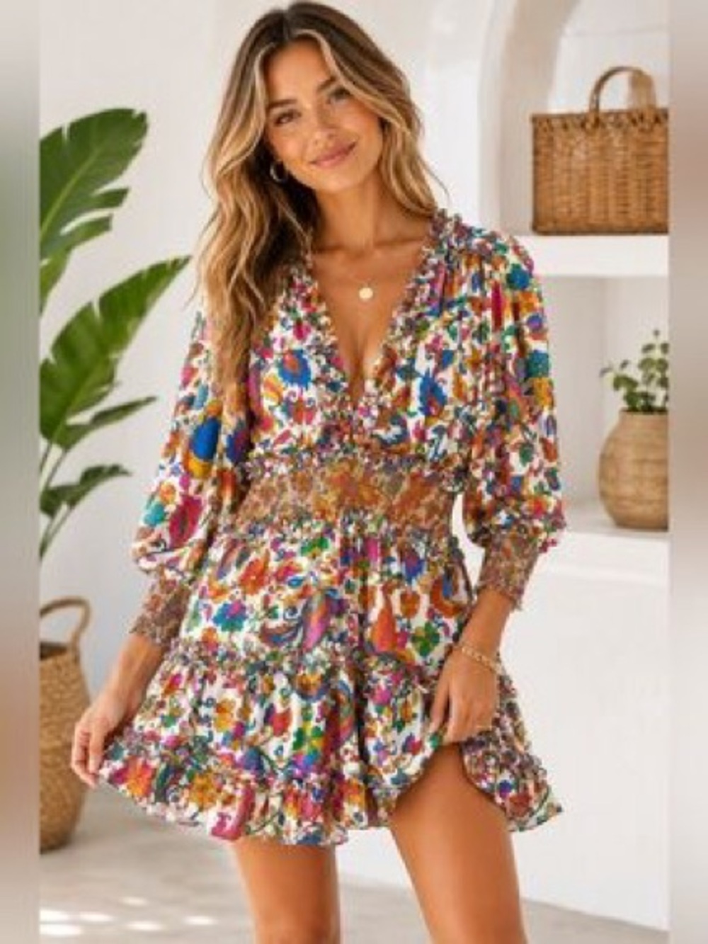 House of Harlow 1960 Floral Multicolor Smocked V-Neck Mini Dress